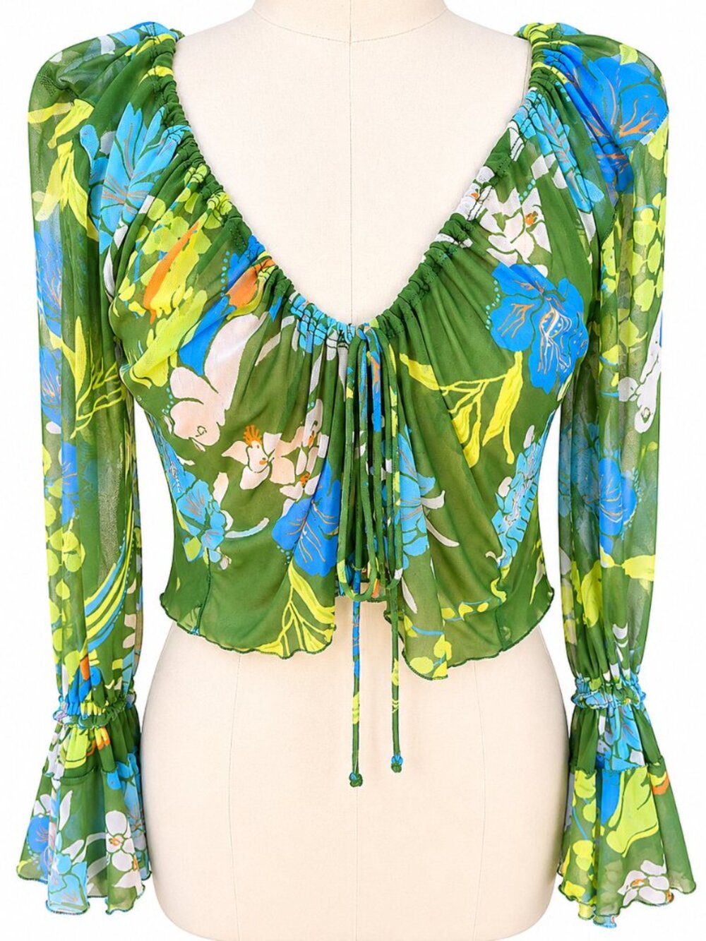 💋LN Free People Semi-Sheer Floral Mesh Top | Bell Sleeves | XS | Tie V-Neck